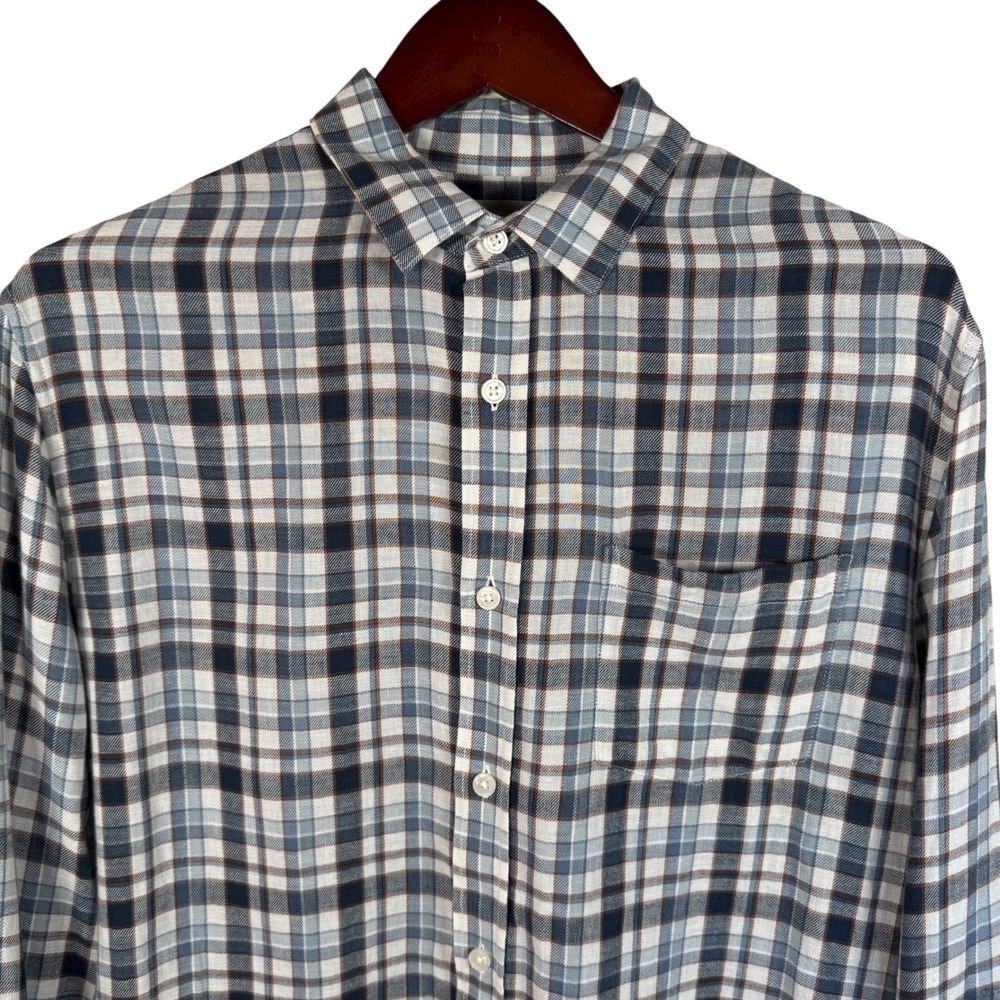 Vince Mens Plaid Button Down Shirt Cotton Linen Blend Size Medium Classic